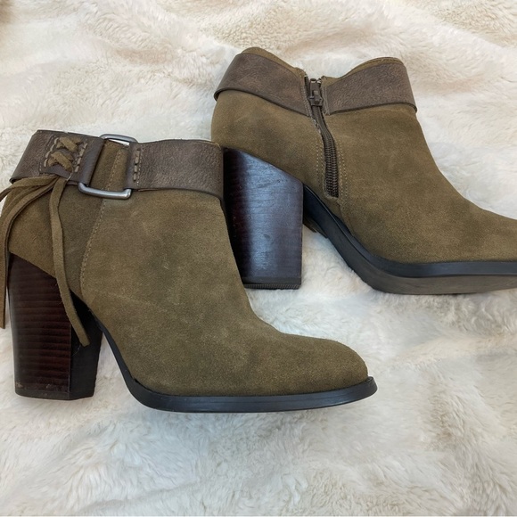 Kensie Masola Womens 8M Leather Ankle Boots Fringe Heels Bootie Brown Suede - Picture 1 of 8